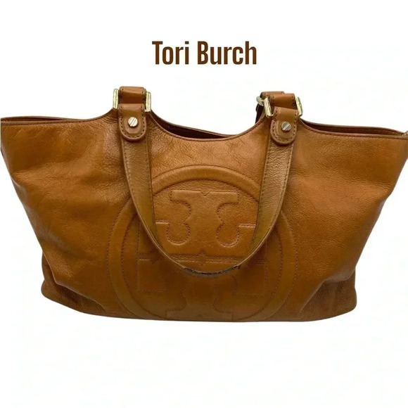 Vintage Tory Burch Bombe Glazed Leather Handbag Zip Top Tote in Luggage tan - Picture 1 of 12